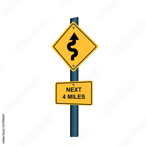 Winding road and next four miles signs. yellow board sign road sign transportation sign