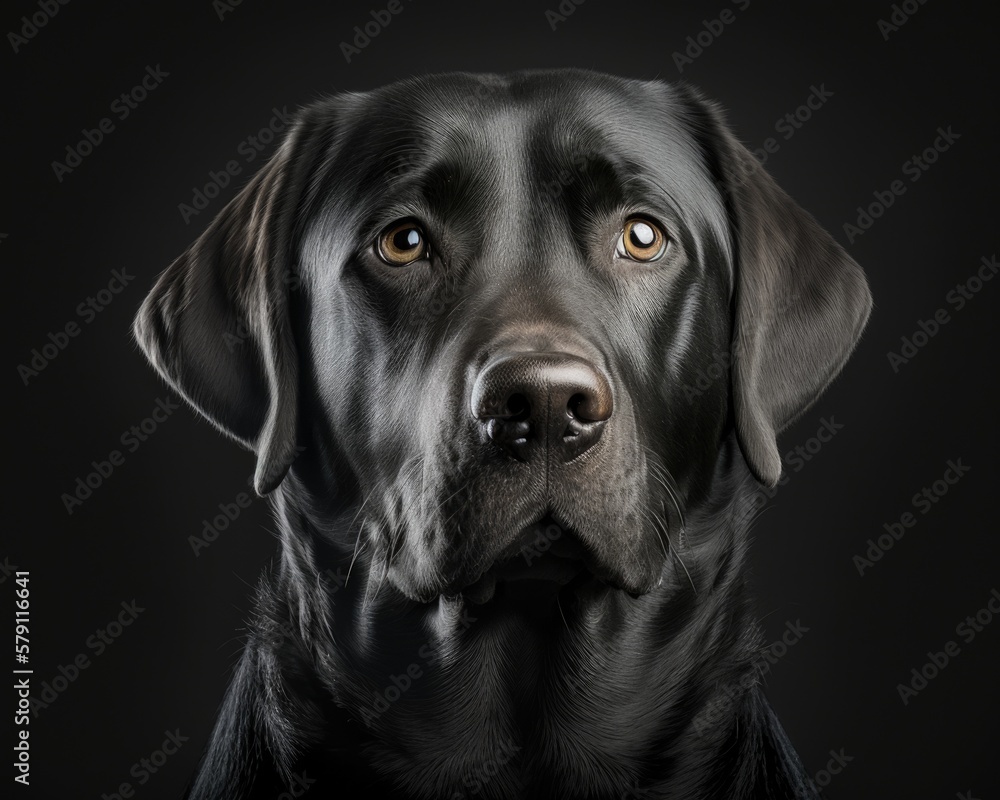 Portrait of a black labrador retriever on a dark background. Generative AI.	