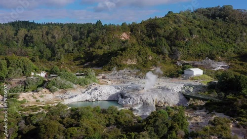 Aerial, drone shot of Pohutu Geyser. New Zealand's largest geyser, with many daily eruptions. Rotorua. Geothermal park. Whakarewarewa Thermal Reserve photo