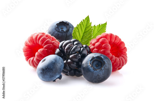 Mix berries in closeup on white background