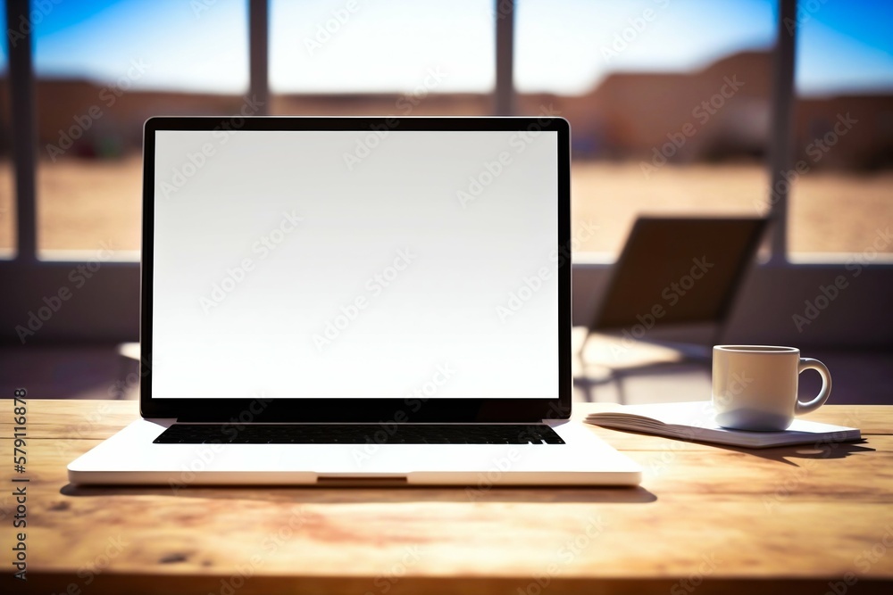 Laptop with white empty skreen on table. Generative AI Laptop with white empty skreen on table. Generative AI