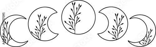 Moon cycle with wild flowers, vector art