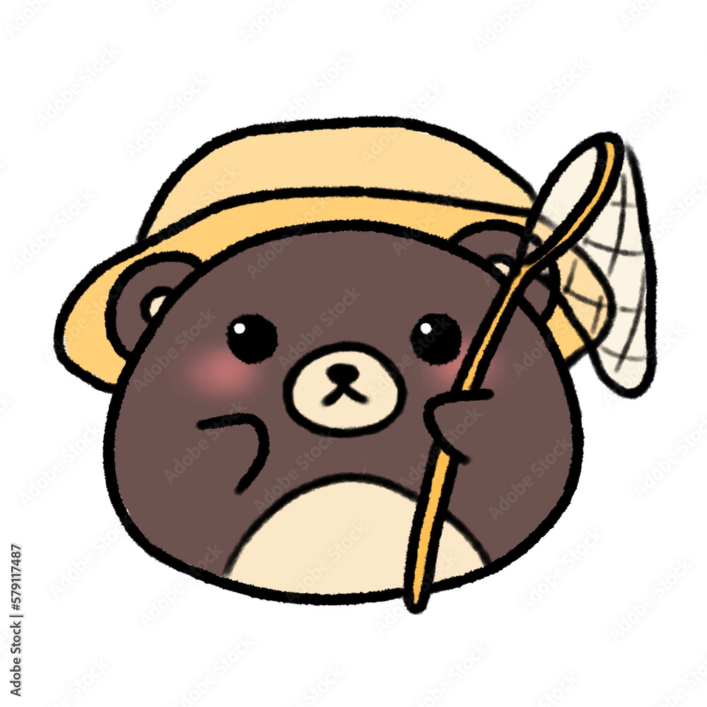 Hand-drawn Cute Dark Brown Bear with Yellow big hat and little net in doodle style Hand-drawn Cute Dark Brown Bear with Yellow big hat and little net in doodle style