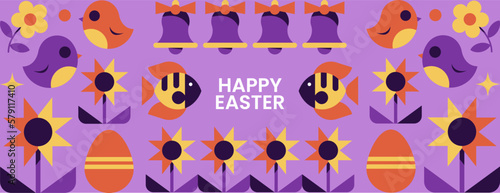 Happy Easter banner. Modern minimal style. Flat vector illustration. Trendy Easter design with text, flowers, fish, bell, chick and eggs. Horizontal size. Isolated elements. Cute header for website.