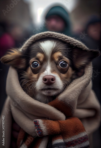 Puppy is wrapped in a warm blanket. AI Generated