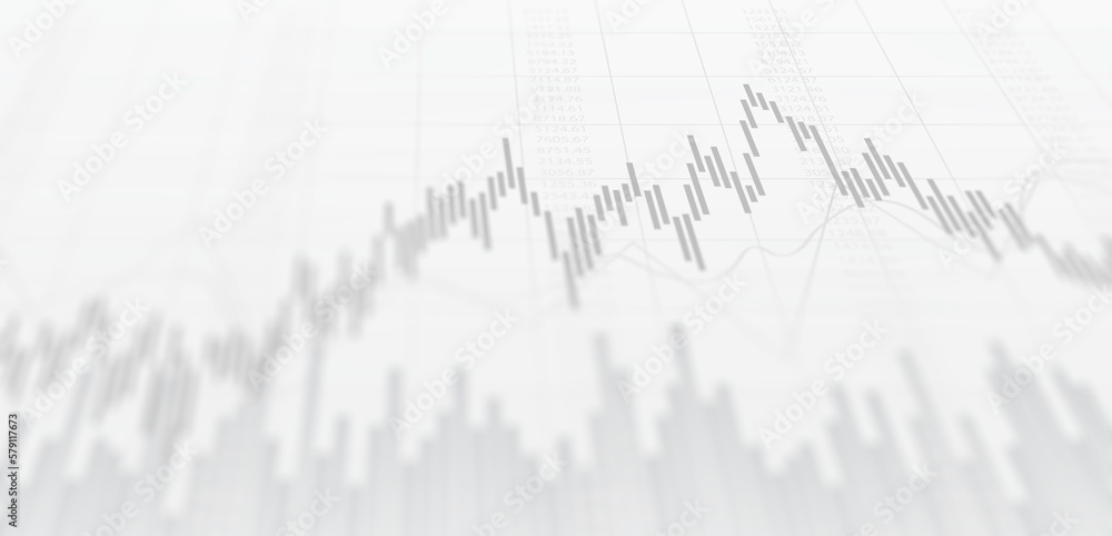 Widescreen abstract financial chart with uptrend line graph and candlestick on black and white color background

