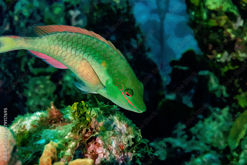 Digitally created watercolor painting of a princess parrotfish swimming over the coral reef Digitally created watercolor painting of a princess parrotfish swimming over the coral reef