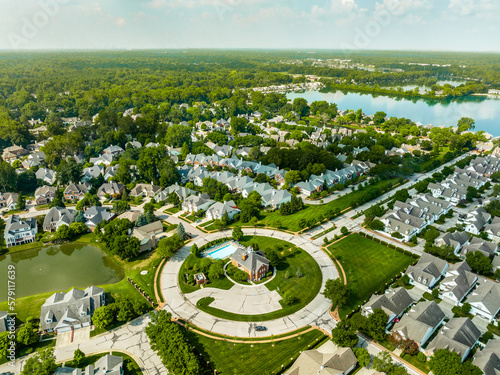 An aerial drone view of an Indianapolis suburb sprawl