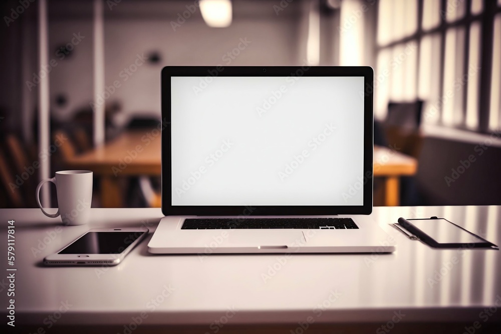 Fototapeta premium Laptop with white empty skreen on table. Generative AI