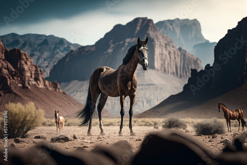 Wild horses in a vast prairie land. Generative ai.