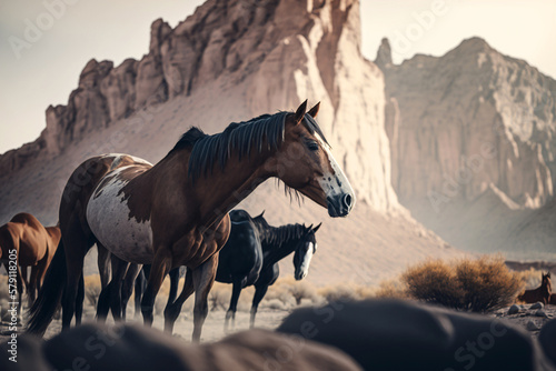 Wild horses in a vast prairie land. Generative ai.
