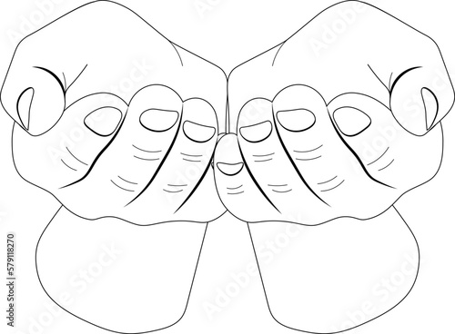 Vector image of pleading hands in line style. Handshake, hands begging for alms. Two hands on transparent background