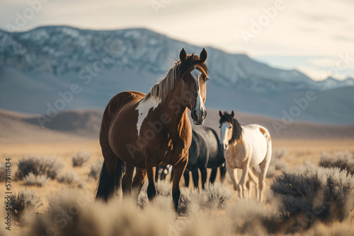 Wild horses in a vast prairie land. Generative ai.