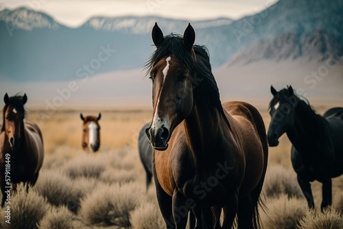 Wild horses in a vast prairie land. Generative ai.
