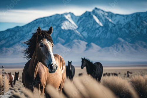 Wild horses in a vast prairie land. Generative ai.
