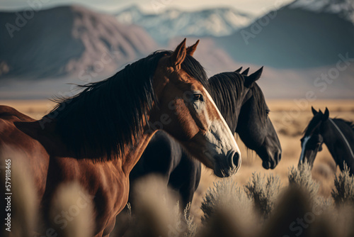 Wild horses in a vast prairie land. Generative ai.