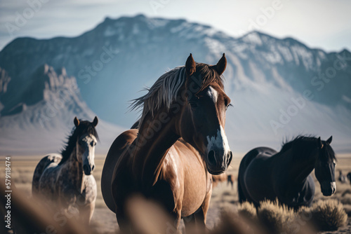 Wild horses in a vast prairie land. Generative ai.