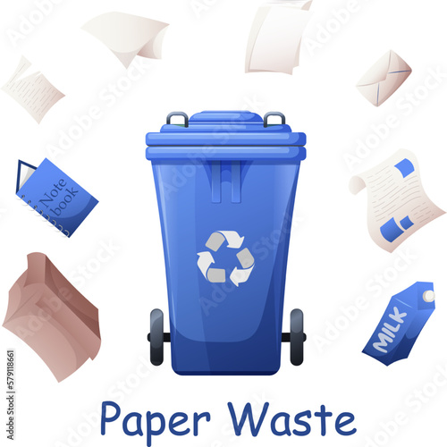 Recyclable waste, paper and cardboard trash with dumpster. Environment protection, sustainable development, Green living, ecolife vector
