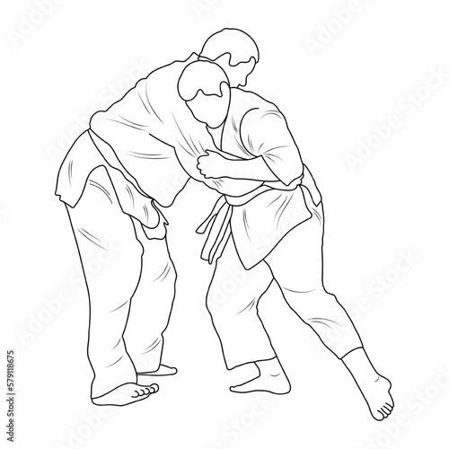 Sketch judoist, judoka athlete duel, fight, judo, sport figure silhouette outline
