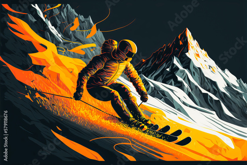 A skier glides in bright orange and yellow colors to illustrate excitement and adventure. Use this image to promote the vacations and winter sports. Generative AI photo