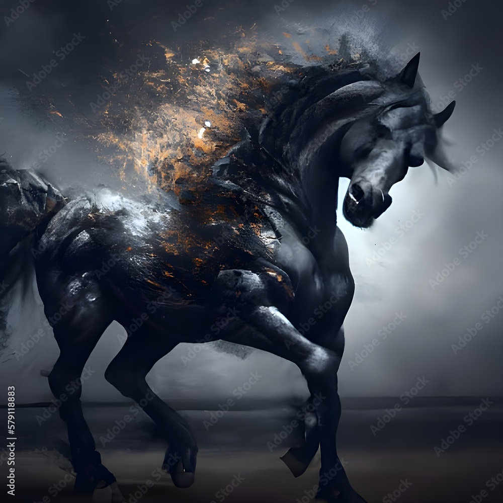 Czarny ogier. Piękny czarny koń, błyszcząca sierść, długa rozwiana grzywa. - obrazy, fototapety, plakaty 