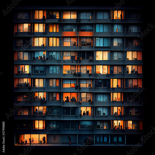 Night colorful windows lights of apartment building in city. AI generative.