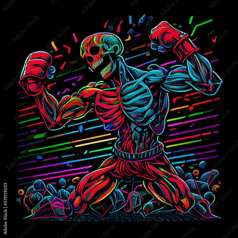 Skeleton raising his hands in boxing gloves, demonstrating victory at