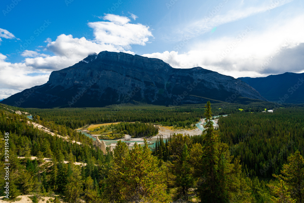 Tunnel Mountain Hoodoos Lookout in Alberta, Canada with stunning mountains and blue sky