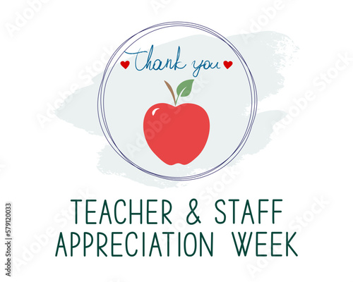 Teacher and staff appreciation week school banner. Red apple, text Thank You and hearts in the frame on white, vector. 