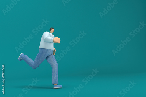 cartoon character wearing jeans and white long shirt. 3d rendering in acting. He is doing exercise. © Ake