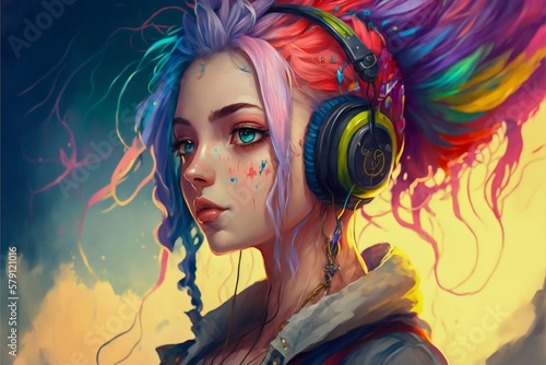 Painted cartoon girl with headphones. Generative AI