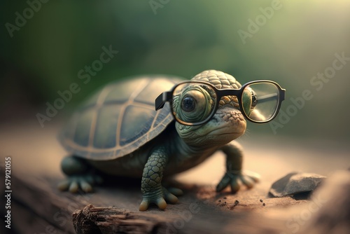 Cute little turtle wears glasses. Generative AI