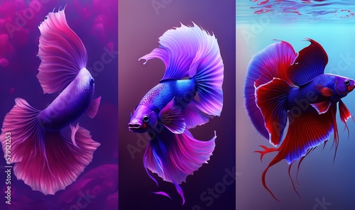  a couple of fish that are next to each other in the same color scheme, one is purple and the other is red and blue. generative ai