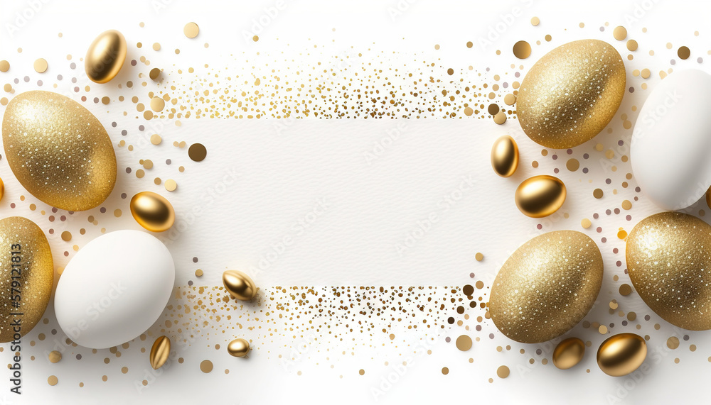 a white and gold background with gold and white eggs and confetti on the bottom of the image is a white paper with gold dots. generative ai a white and gold background with gold and white eggs and confetti on the bottom of the image is a white paper with gold dots. generative ai