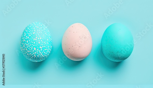  three different colored eggs sitting next to each other on a blue surface with a white dot pattern on the top of the eggs, and a blue background with white dots. generative ai