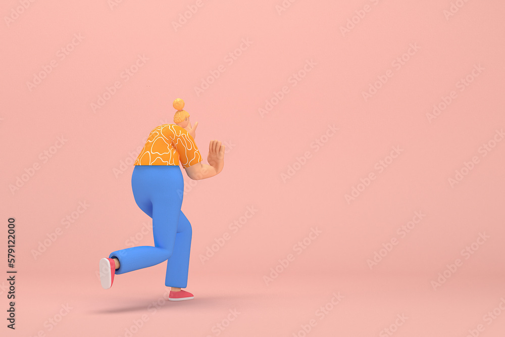 The woman with golden hair tied in a bun wearing blue corduroy pants and Orange T-shirt with white stripes. He is pulling or pushing something. 3d rendering of cartoon character in acting. The woman with golden hair tied in a bun wearing blue corduroy pants and Orange T-shirt with white stripes. He is pulling or pushing something. 3d rendering of cartoon character in acting.