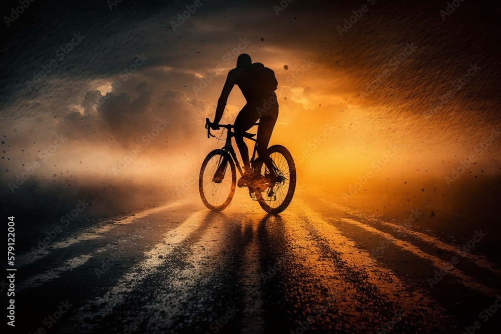 Fototapeta premium Experience the thrill of cycling at sunset with this stunning image - Generative AI