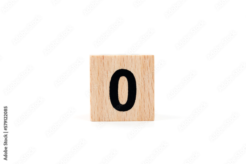 Wooden block Number zero on white background Wooden block Number zero on white background
