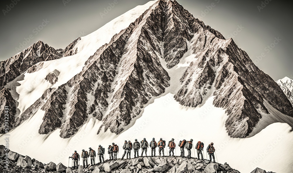  a group of people standing on top of a snow covered mountain next to a snow covered mountain top with a snow covered peak in the background.  generative ai