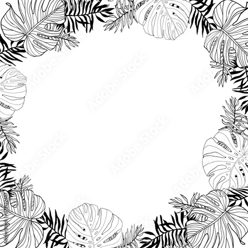 Square frame with tropical, jungle leaves, hand drawn, black and white