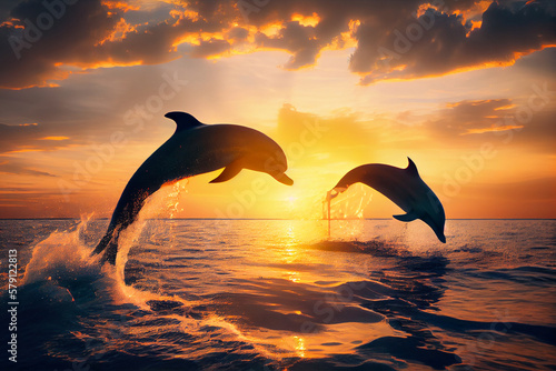 A pair of dolphins swim in the ocean at sunset. AI generated