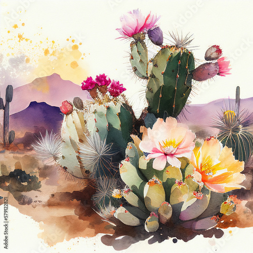 Beautiful watercolor vintage cactuses, succulents, cacti with pink, white and yellow flowers.