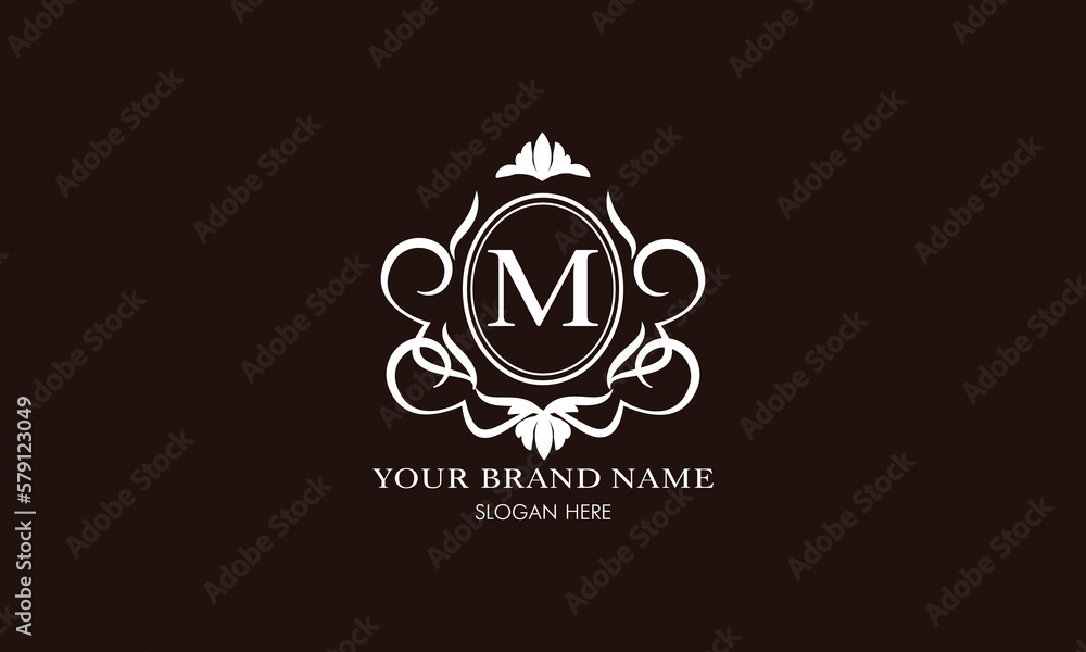 Vector illustration of letter M logo template. Classic floral monogram with decorative elements.