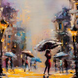 Ulica w deszczu. Ludzie z parasolami w deszczowy dzień w mieście.