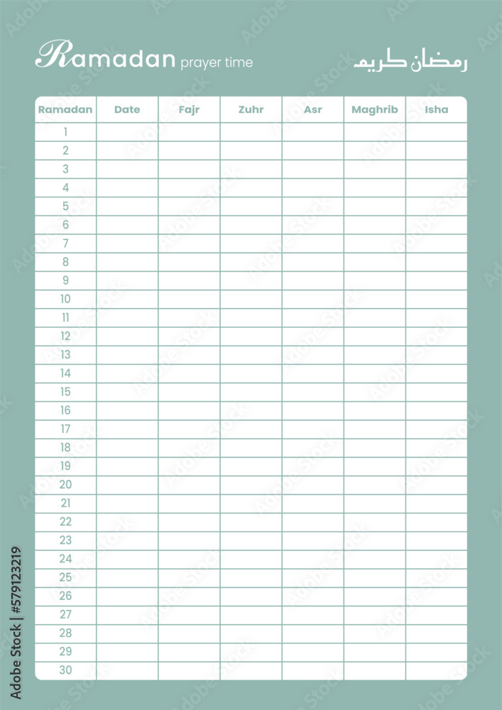 Ramadan prayer schedule. Vector minimal design in format A4 ready for