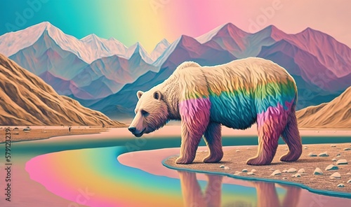  a painting of a polar bear with a rainbow stream in front of it and mountains in the background  and a rainbow stream in the foreground.  generative ai