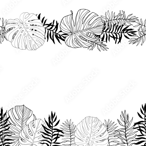 Seamless boarder frame with tropical, jungle leaves, hand drawn, black and white