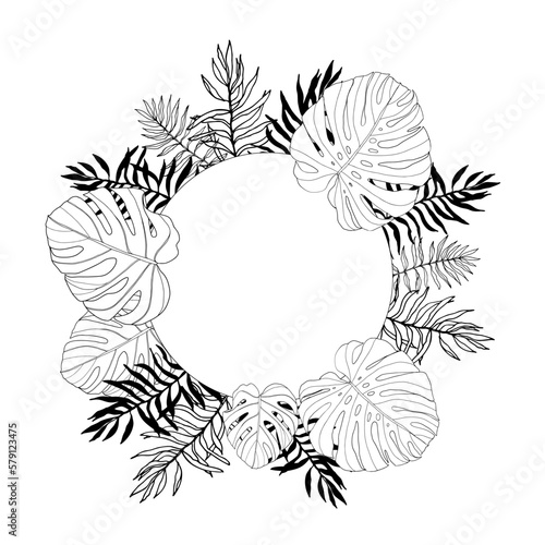 Circle frame with tropical  jungle leaves  hand drawn  black and white