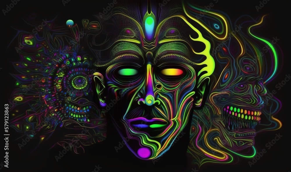  a digital painting of a man's face with neon colors and a flower in his hair and a skull in the foreground of the image.  generative ai