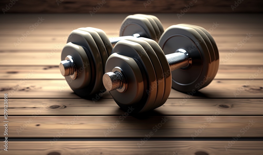 a pair of dumbbells sitting on top of a wooden floor next to each other on a wooden floor with a wooden floor in the background. generative ai a pair of dumbbells sitting on top of a wooden floor next to each other on a wooden floor with a wooden floor in the background. generative ai